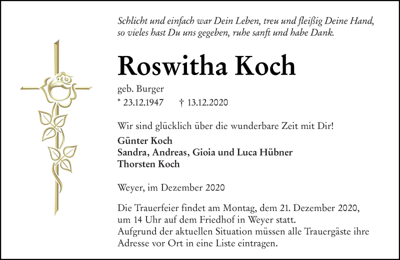  Traueranzeige für Roswitha Koch vom 19.12.2020 aus 206 Weilburger Tageblatt