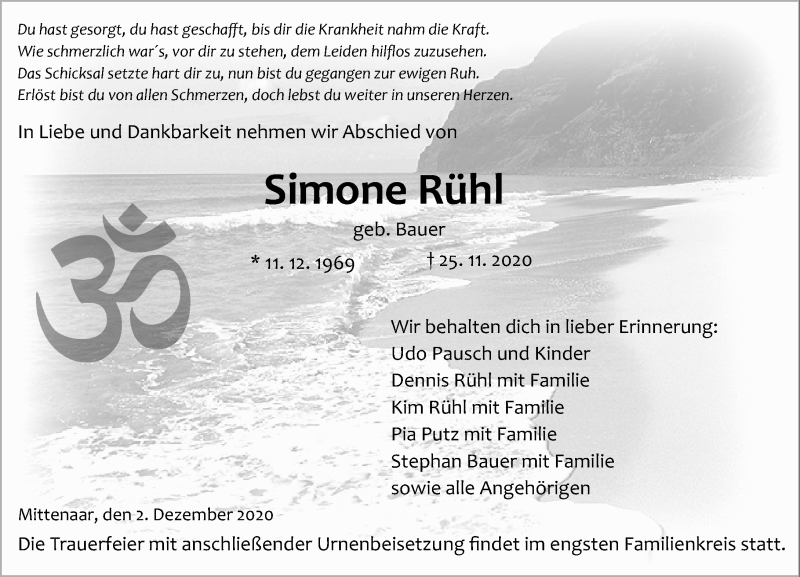  Traueranzeige für Simone Rühl vom 02.12.2020 aus 202 Dill Block