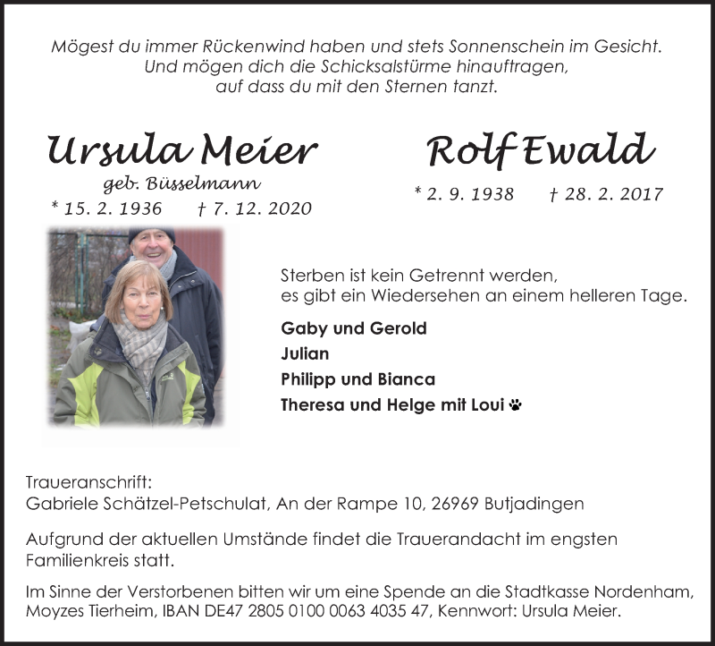  Traueranzeige für Ursula Meier vom 17.12.2020 aus 582 Camberger Anzeiger