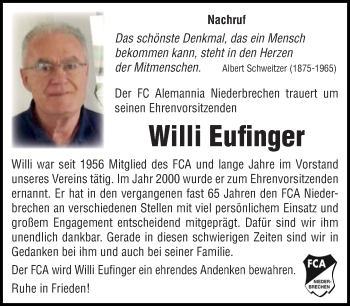 Traueranzeige von Willi Eufinger von 582 Camberger Anzeiger
