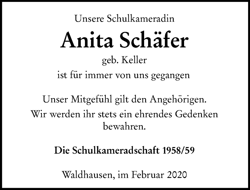  Traueranzeige für Anita Schäfer vom 07.02.2020 aus 206 Weilburger Tageblatt