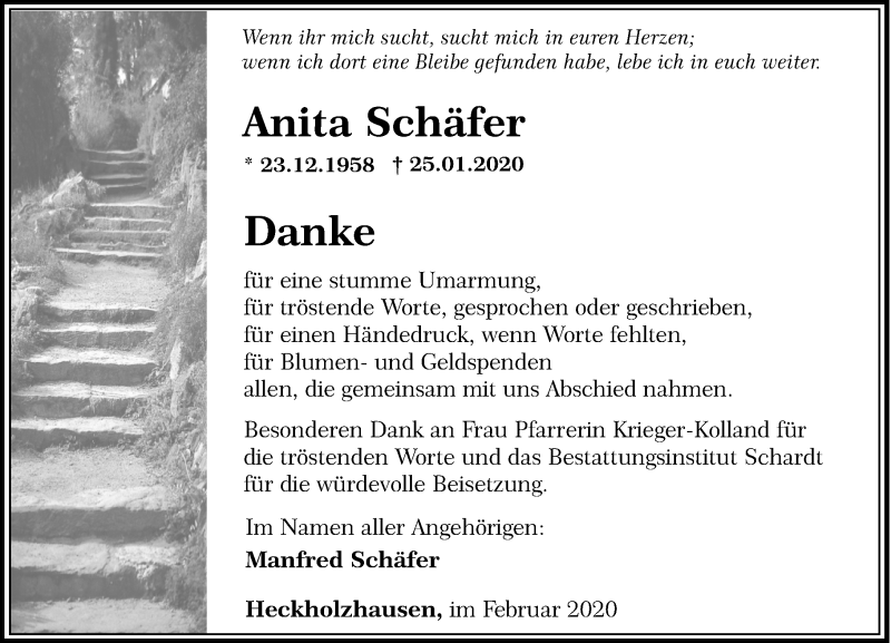  Traueranzeige für Anita Schäfer vom 29.02.2020 aus 206 Weilburger Tageblatt