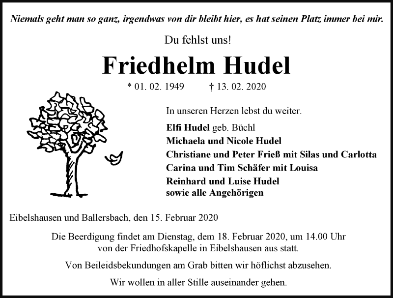  Traueranzeige für Friedhelm Hudel vom 15.02.2020 aus 202 Dill Block