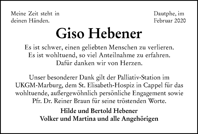  Traueranzeige für Giso Hebener vom 18.02.2020 aus 205 Hinterländer Anzeiger