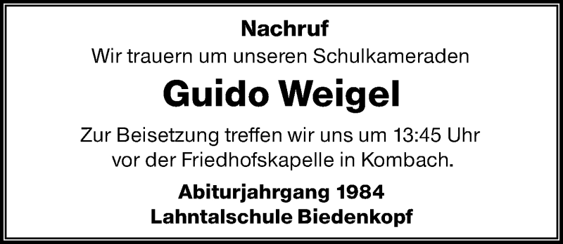  Traueranzeige für Guido Weigel vom 06.02.2020 aus 205 Hinterländer Anzeiger