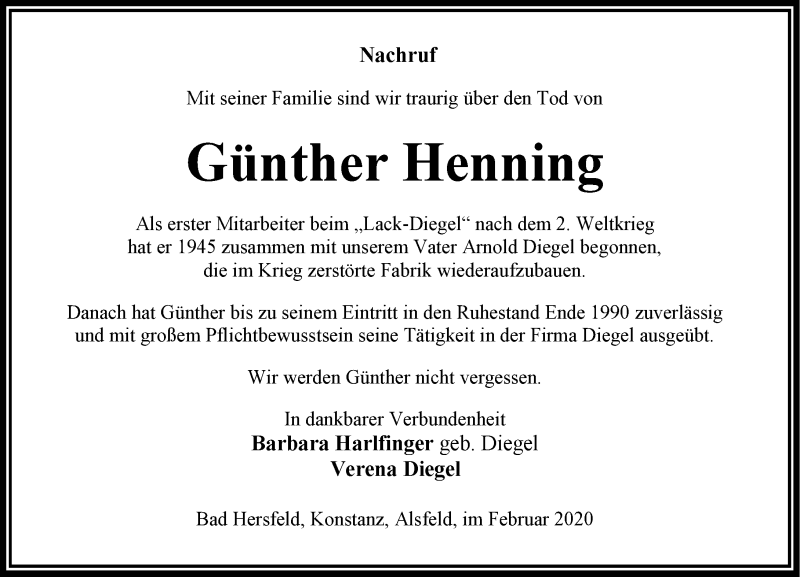  Traueranzeige für Günther Henning vom 08.02.2020 aus VRM Trauer