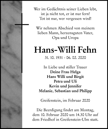 Traueranzeige von Hans-Willi Fehn von 201 Wetzlarer Neue Zeitung