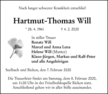Traueranzeige von Hartmut-Thomas Will von 202 Dill Block
