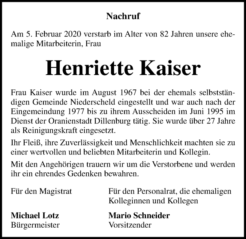  Traueranzeige für Henriette Kaiser vom 15.02.2020 aus 202 Dill Block