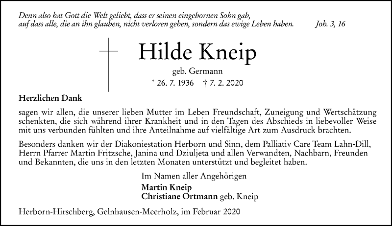  Traueranzeige für Hilde Kneip vom 29.02.2020 aus 202 Dill Block