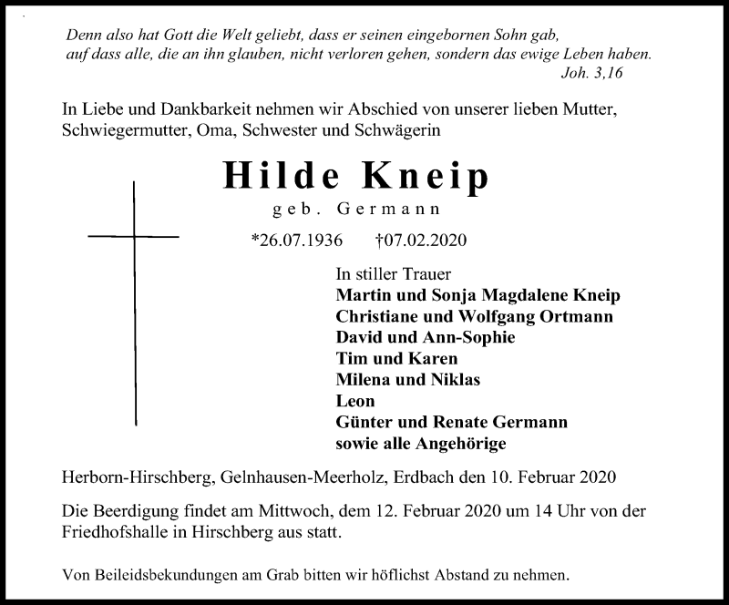  Traueranzeige für Hilde Kneip vom 10.02.2020 aus 202 Dill Block