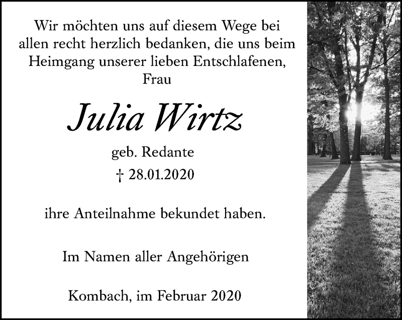  Traueranzeige für Julia Wirtz vom 28.02.2020 aus 205 Hinterländer Anzeiger