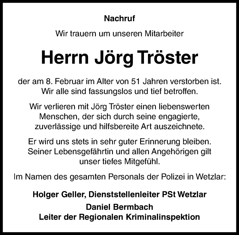  Traueranzeige für Jörg Tröster vom 15.02.2020 aus 201 Wetzlarer Neue Zeitung