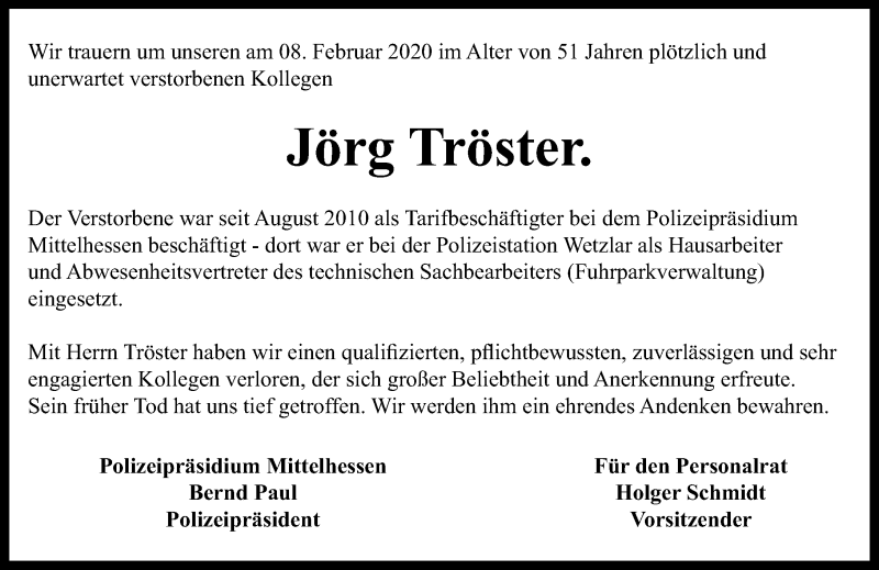  Traueranzeige für Jörg Tröster vom 13.02.2020 aus 201 Wetzlarer Neue Zeitung