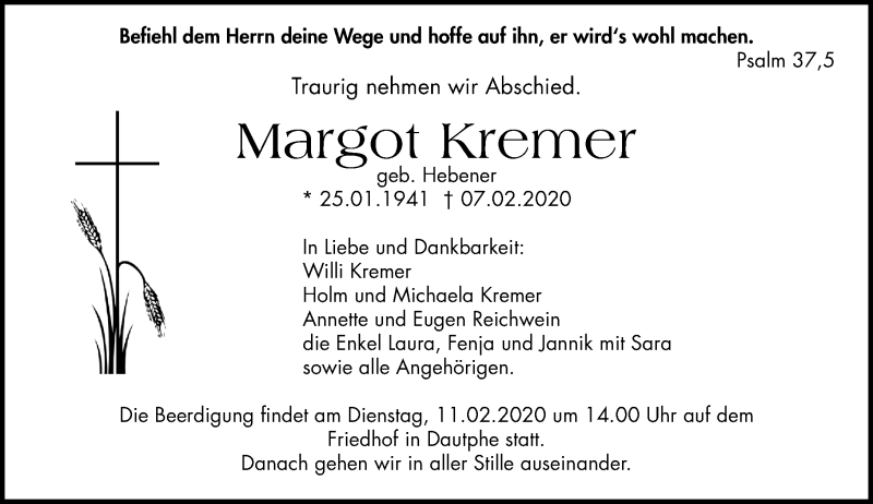  Traueranzeige für Margot Kremer vom 10.02.2020 aus 205 Hinterländer Anzeiger