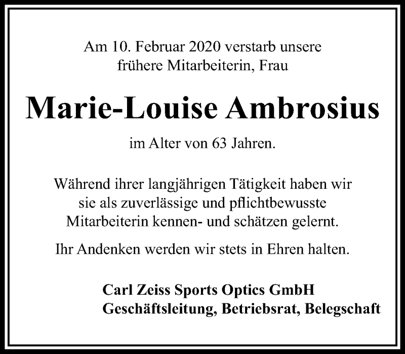  Traueranzeige für Marie-Louise Ambrosius vom 20.02.2020 aus 201 Wetzlarer Neue Zeitung