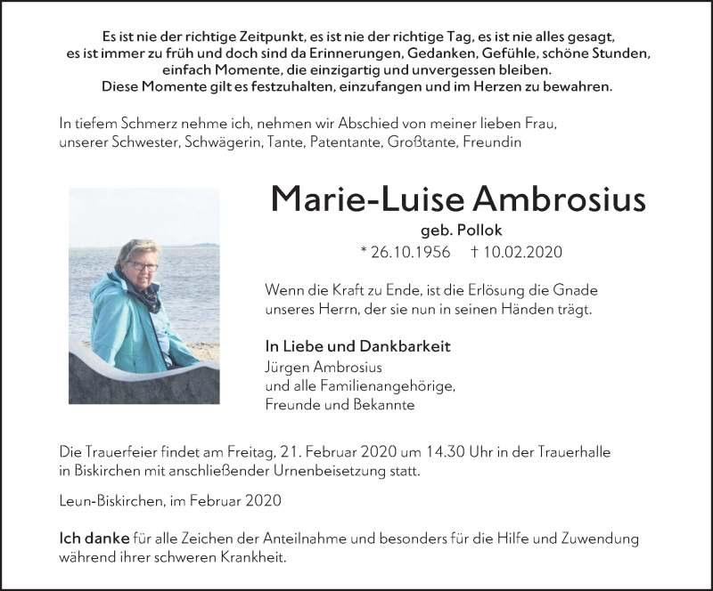  Traueranzeige für Marie-Luise Ambrosius vom 14.02.2020 aus 201 Wetzlarer Neue Zeitung