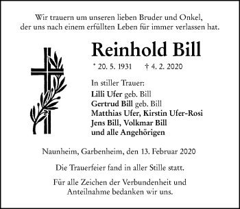Traueranzeige von Reinhold Bill von 201 Wetzlarer Neue Zeitung