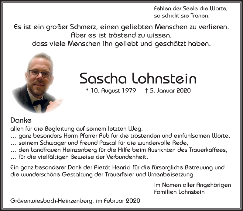  Traueranzeige für Sascha Lohnstein vom 08.02.2020 aus 564 Usinger Anzeiger