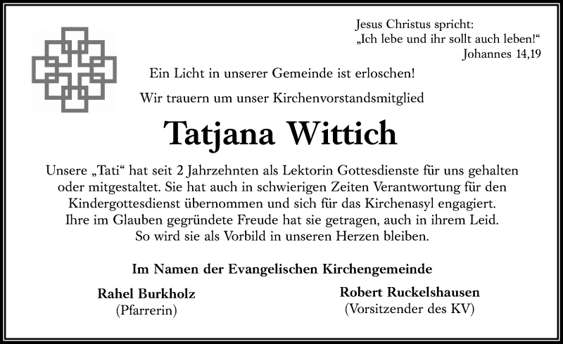  Traueranzeige für Tatjana Wittich vom 15.02.2020 aus VRM Trauer