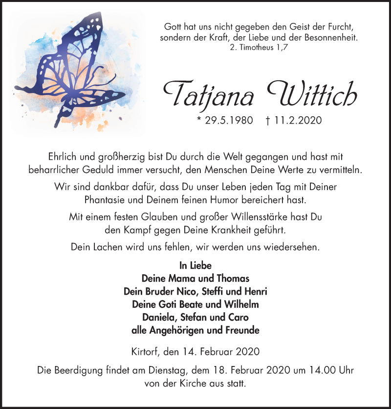  Traueranzeige für Tatjana Wittich vom 14.02.2020 aus VRM Trauer