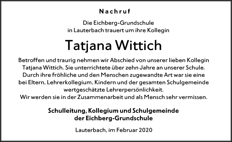  Traueranzeige für Tatjana Wittich vom 18.02.2020 aus VRM Trauer