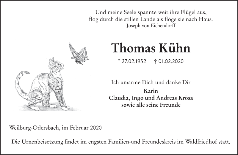  Traueranzeige für Thomas Kühn vom 22.02.2020 aus 206 Weilburger Tageblatt