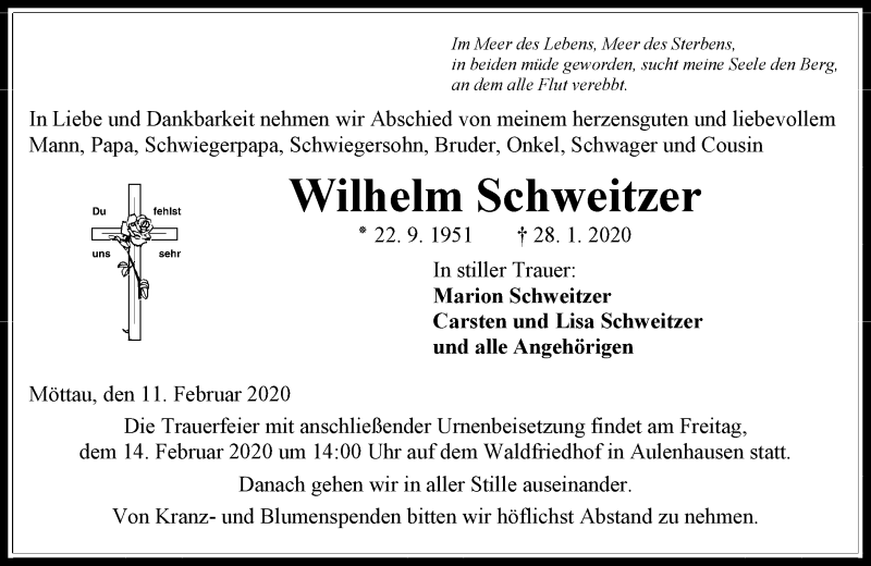  Traueranzeige für Wilhelm Schweitzer vom 11.02.2020 aus 206 Weilburger Tageblatt