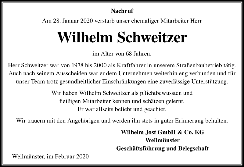  Traueranzeige für Wilhelm Schweitzer vom 14.02.2020 aus 206 Weilburger Tageblatt