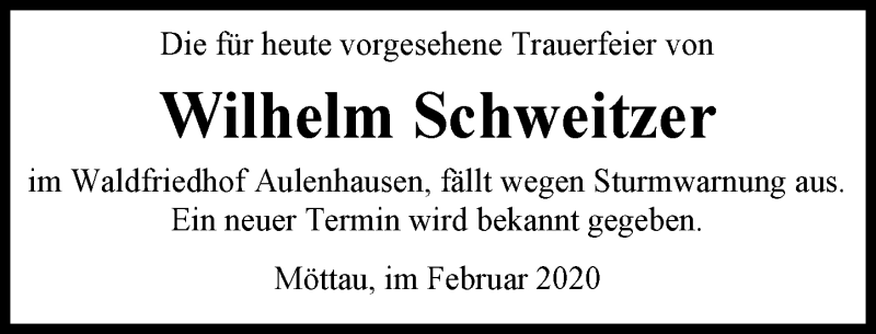  Traueranzeige für Wilhelm Schweitzer vom 14.02.2020 aus 206 Weilburger Tageblatt