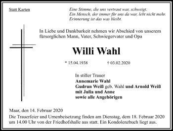 Traueranzeige von Willi Wahl von 562 Lauterbacher Anzeiger