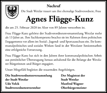 Traueranzeige von Agnes Flügge-Kunz von 201 Wetzlarer Neue Zeitung