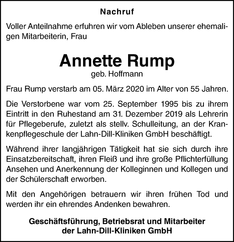  Traueranzeige für Annette Rump vom 12.03.2020 aus 201 Wetzlarer Neue Zeitung
