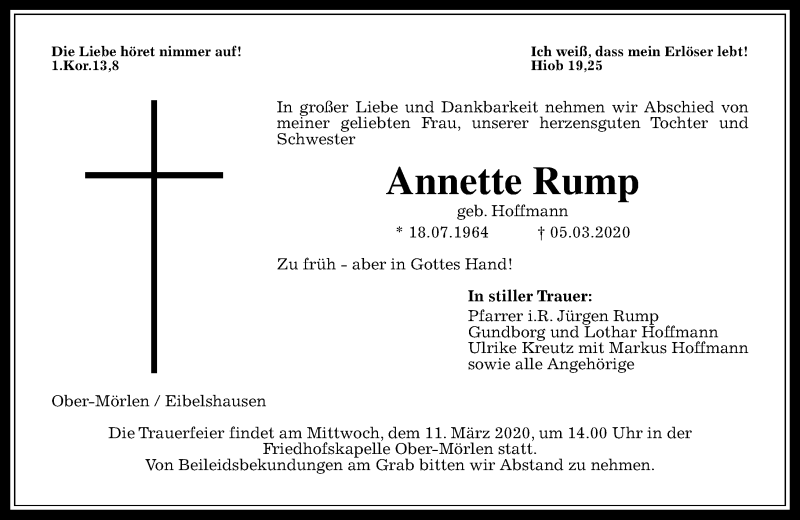  Traueranzeige für Annette Rump vom 07.03.2020 aus 202 Dill Block