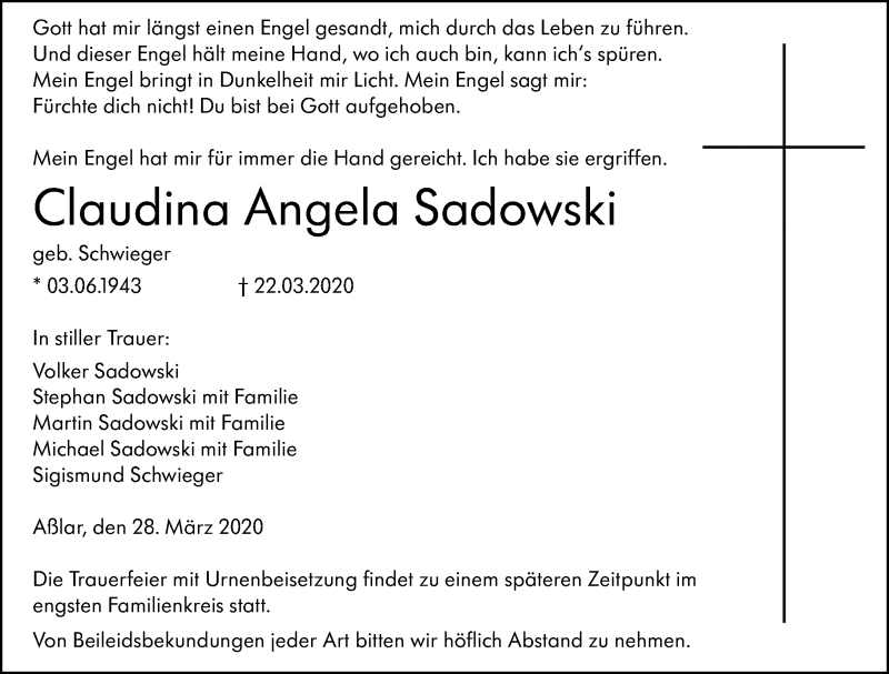  Traueranzeige für Claudina Angela Sadowski vom 28.03.2020 aus 201 Wetzlarer Neue Zeitung