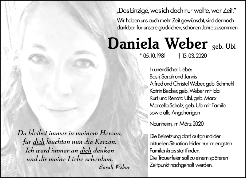  Traueranzeige für Daniela Weber vom 20.03.2020 aus 201 Wetzlarer Neue Zeitung