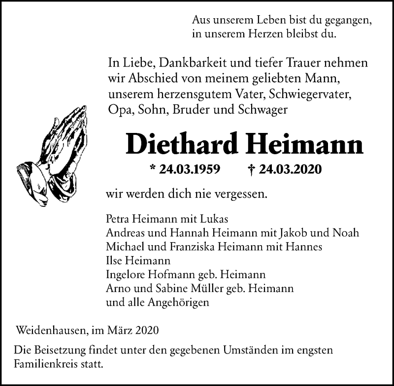  Traueranzeige für Diethard Heimann vom 28.03.2020 aus 202 Dill Block