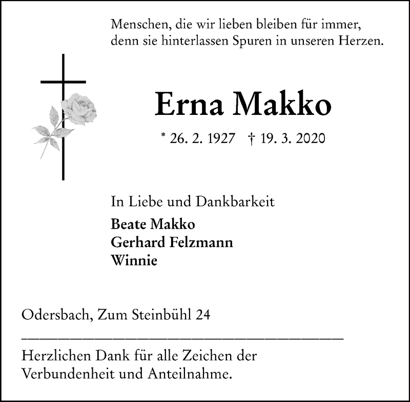  Traueranzeige für Erna Makko vom 27.03.2020 aus 206 Weilburger Tageblatt