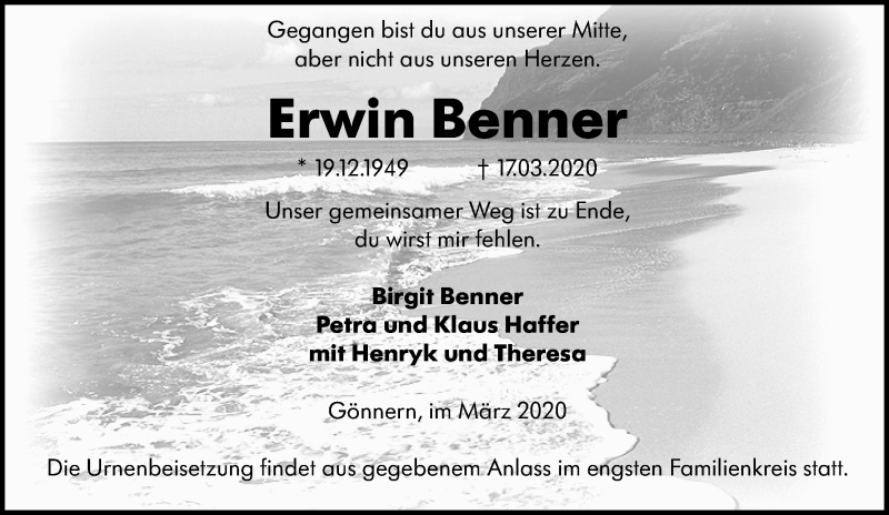 Traueranzeige für Erwin Benner vom 23.03.2020 aus 205 Hinterländer Anzeiger