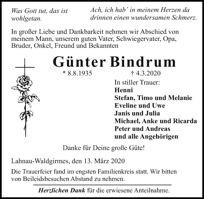  Traueranzeige für Günter Bindrum vom 13.03.2020 aus 201 Wetzlarer Neue Zeitung