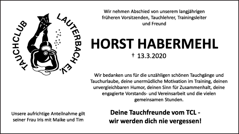  Traueranzeige für Horst Habermehl vom 28.03.2020 aus VRM Trauer