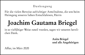 Traueranzeige von Joachim Gautama Briegel von 201 Wetzlarer Neue Zeitung