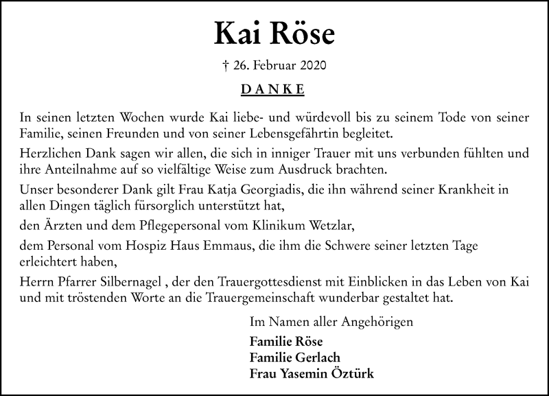  Traueranzeige für Kai Röse vom 28.03.2020 aus 201 Wetzlarer Neue Zeitung