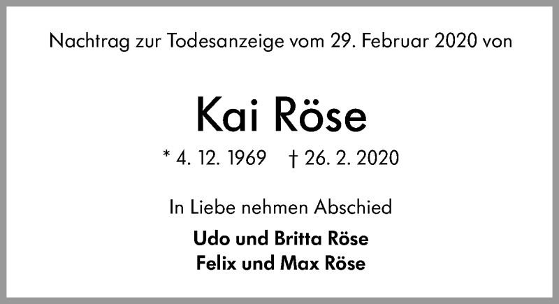  Traueranzeige für Kai Röse vom 03.03.2020 aus 201 Wetzlarer Neue Zeitung