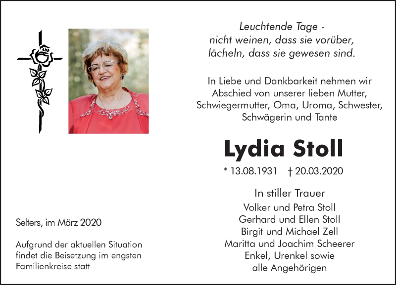  Traueranzeige für Lydia Stoll vom 27.03.2020 aus 206 Weilburger Tageblatt