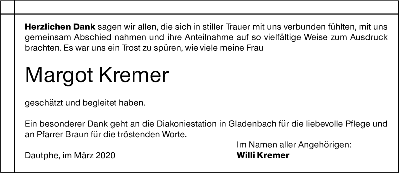  Traueranzeige für Margot Kremer vom 28.03.2020 aus 205 Hinterländer Anzeiger