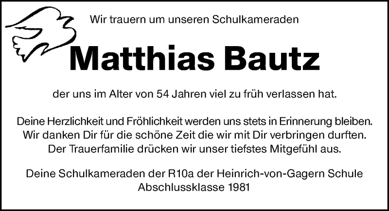  Traueranzeige für Matthias Bautz vom 20.03.2020 aus 206 Weilburger Tageblatt
