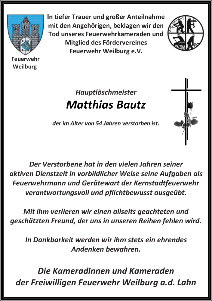  Traueranzeige für Matthias Bautz vom 13.03.2020 aus 206 Weilburger Tageblatt