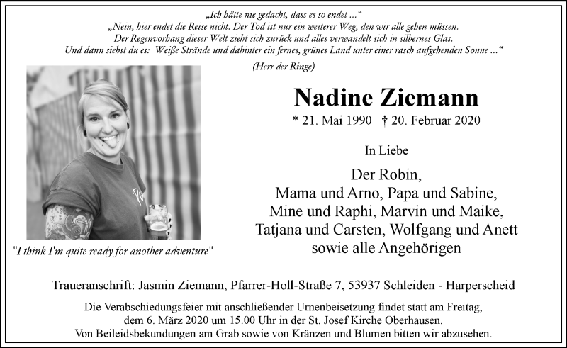 Traueranzeige für Nadine Ziemann vom 03.03.2020 aus 202 Dill Block