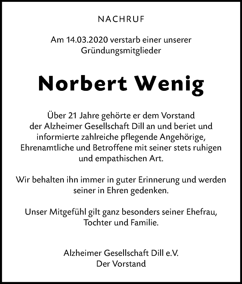  Traueranzeige für Norbert Wenig vom 20.03.2020 aus 202 Dill Block